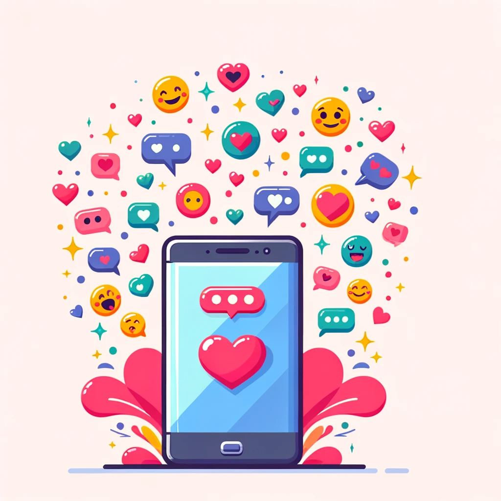 An illustration of a mobile phone with emojis and hearts floating around it, symbolizing sweet text messages. The style should be colorful, engaging.