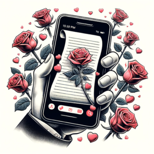 An illustration showing a phone with a romantic poem on the screen, surrounded by roses, to symbolize romantic gestures and surprises via text message