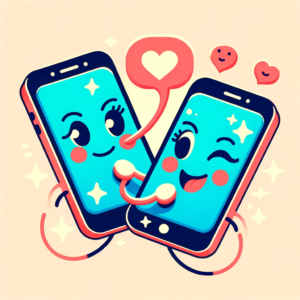 A playful illustration of two phones exchanging flirty texts with winks and smiley faces, embodying the essence of flirting and playful teasing in text